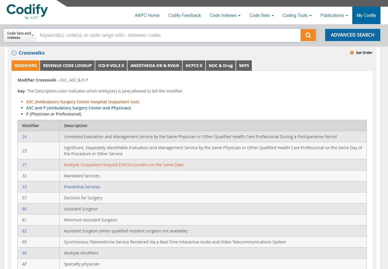 Screenshot of: The CPT Modifier tool provides quick access to detailed
    descriptions of different modifiers that are appropriate to use with a code including which
    entities are allowed to bill the modifier.