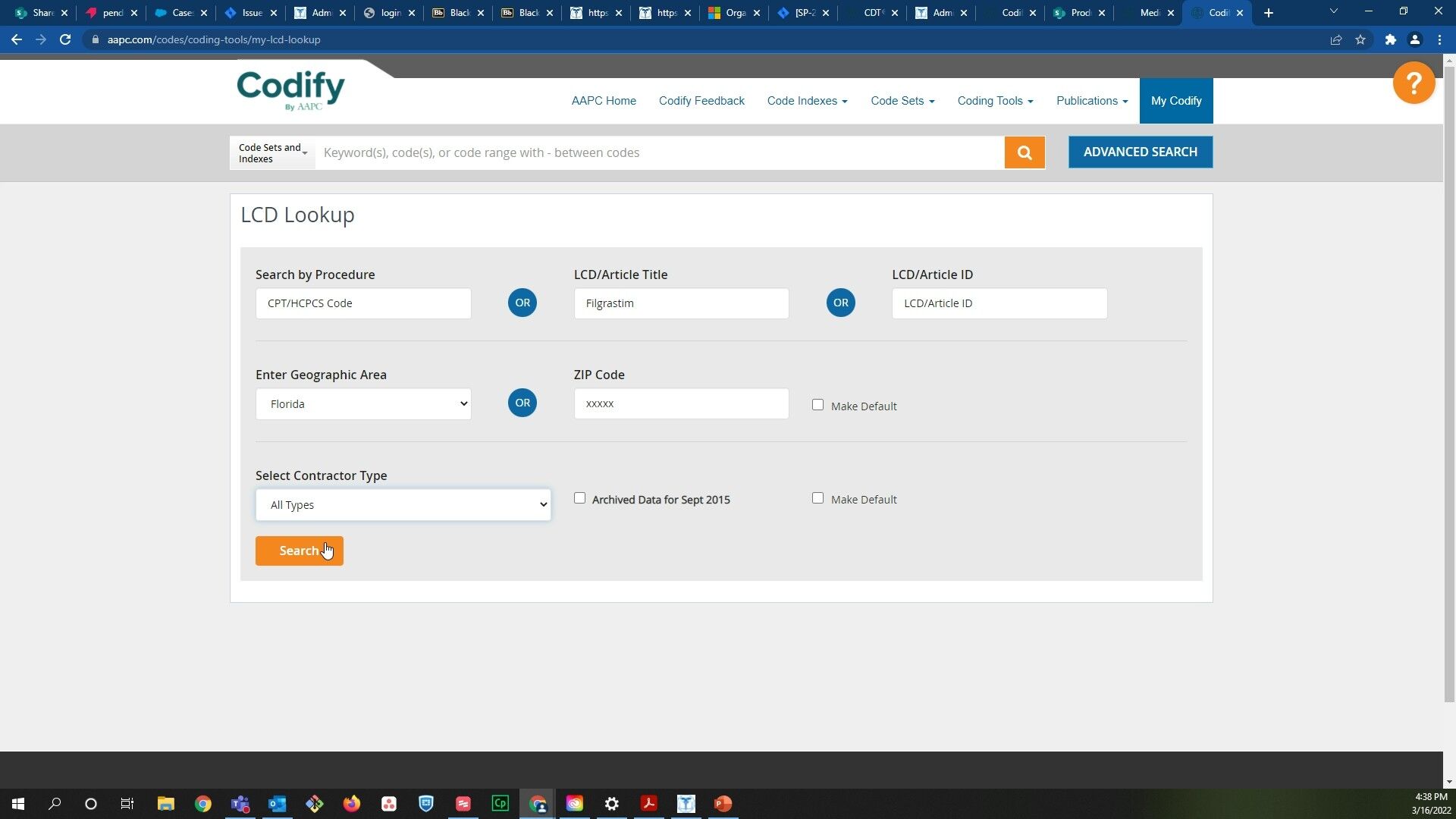 Screenshot of: Once you have entered all the information click 'Search'