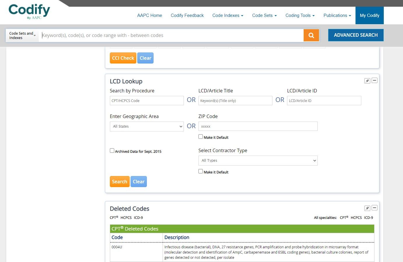 Screenshot of: The LCD Lookup tool quickly delivers the ICD-10-CM codes based on contractor type(s) for a given CPT® or HCPCS Level II code.