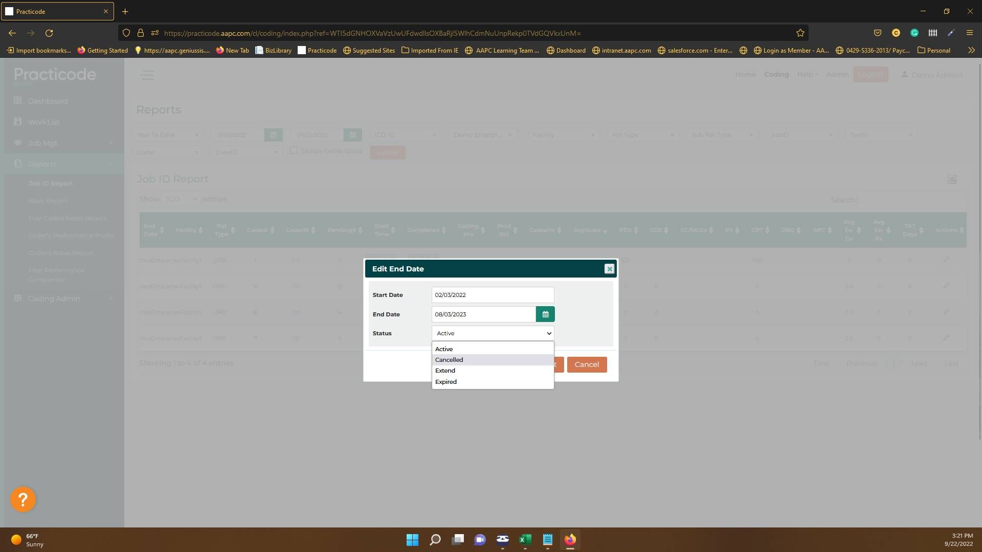 Screenshot of: In the pop-up you can change the dates or Status. To change the status selecting Cancelled or Expired with remove access to the learner but will not remove completions.