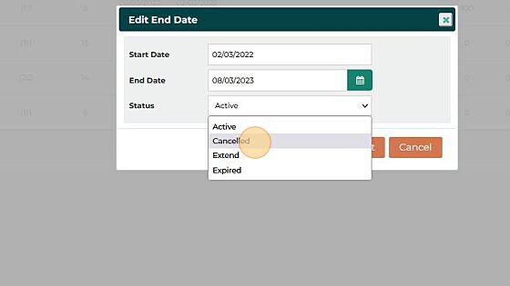 Screenshot of: In the pop-up you can change the dates or Status. To change the status selecting Cancelled or Expired with remove access to the learner but will not remove completions.
