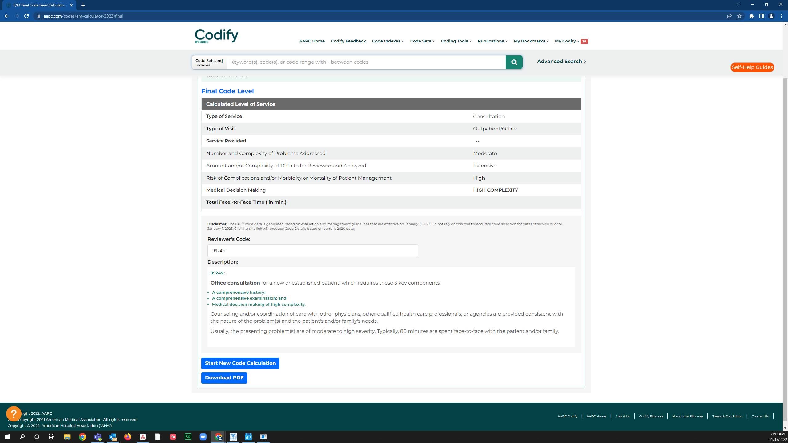 Screenshot of: The Final Code Level will give you the calculated level of service based on the information you provided 
