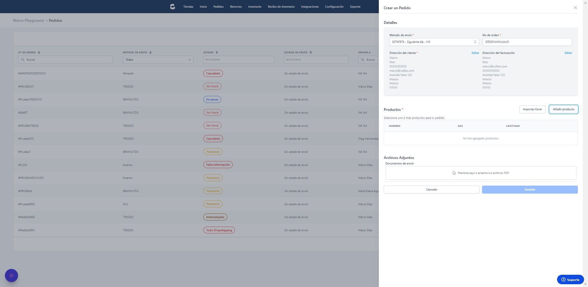 Screenshot of: Añade los productos que componen la orden dando Click en "Añadir producto"