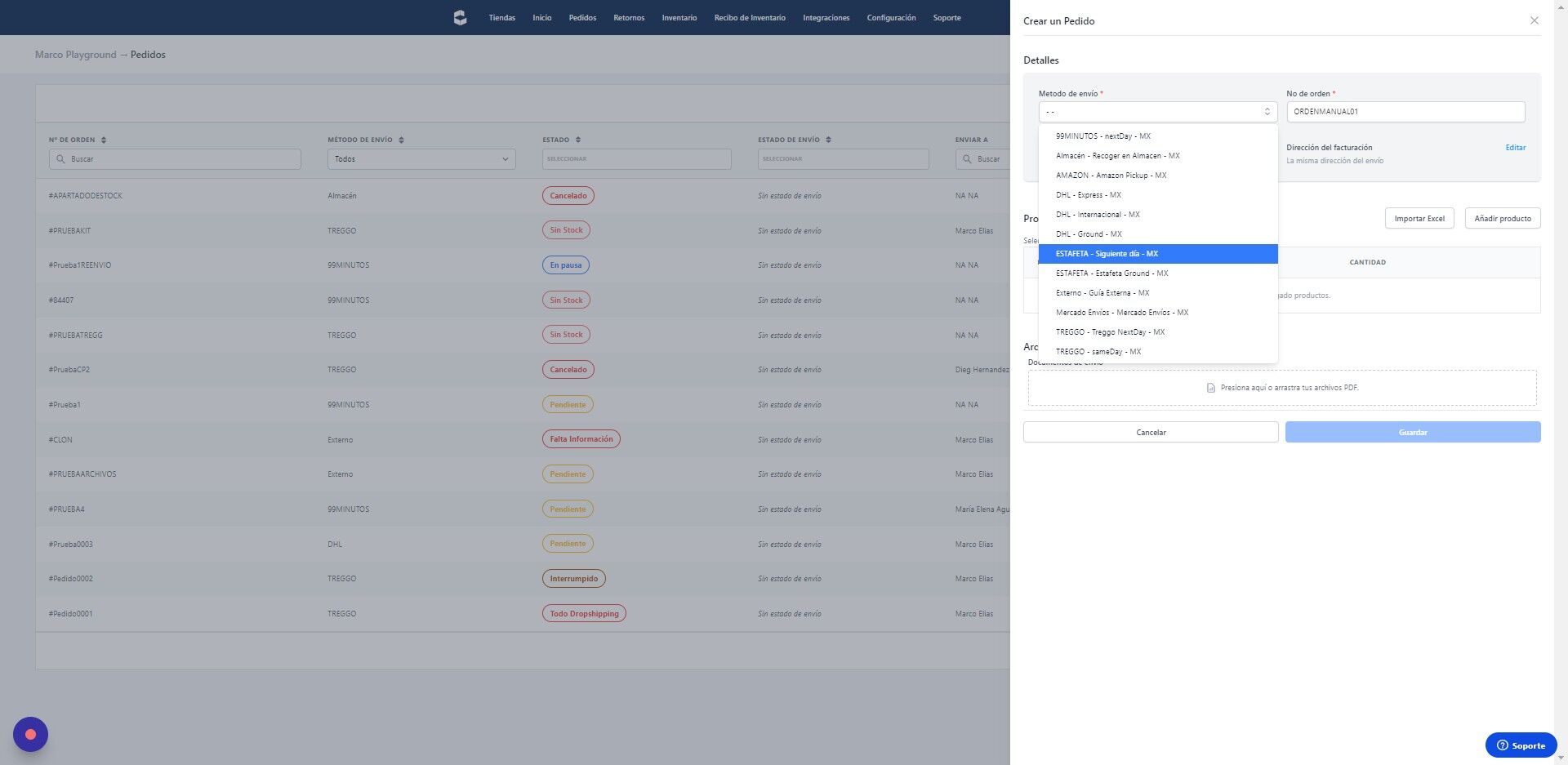 Screenshot of: Selecciona el método de envío deseado