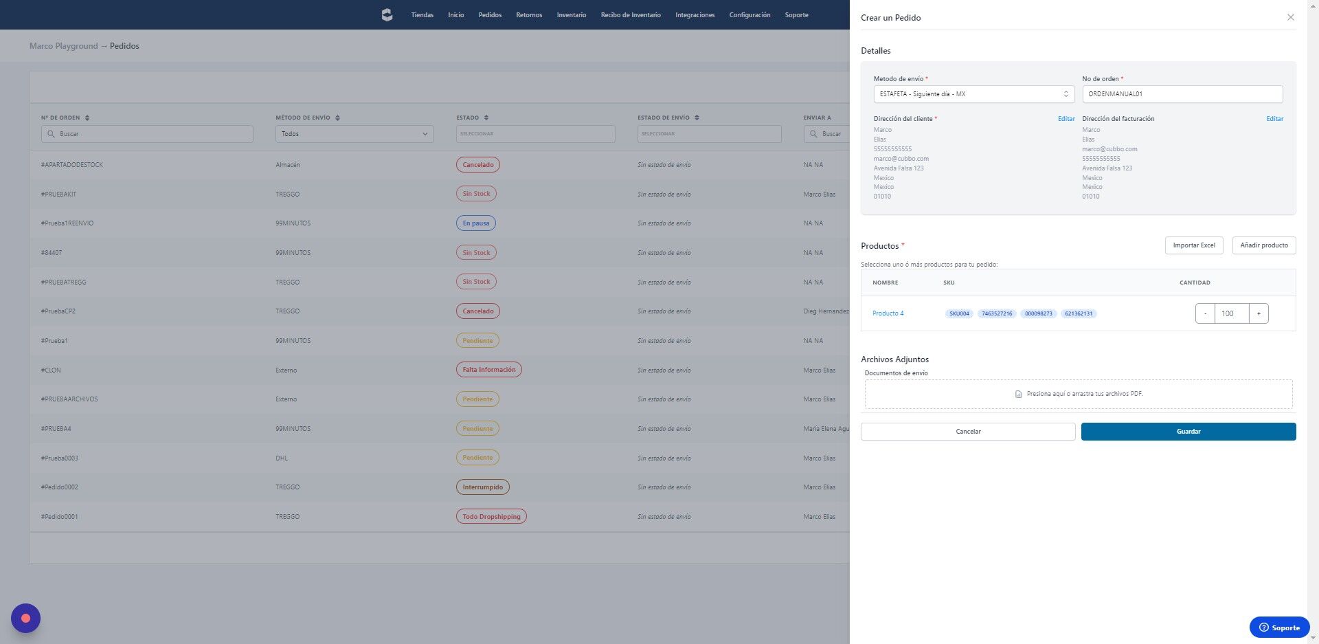 Screenshot of: Para cargar la orden una vez se añade el producto, dirección de envío y número de orden, da Click en "Guardar"