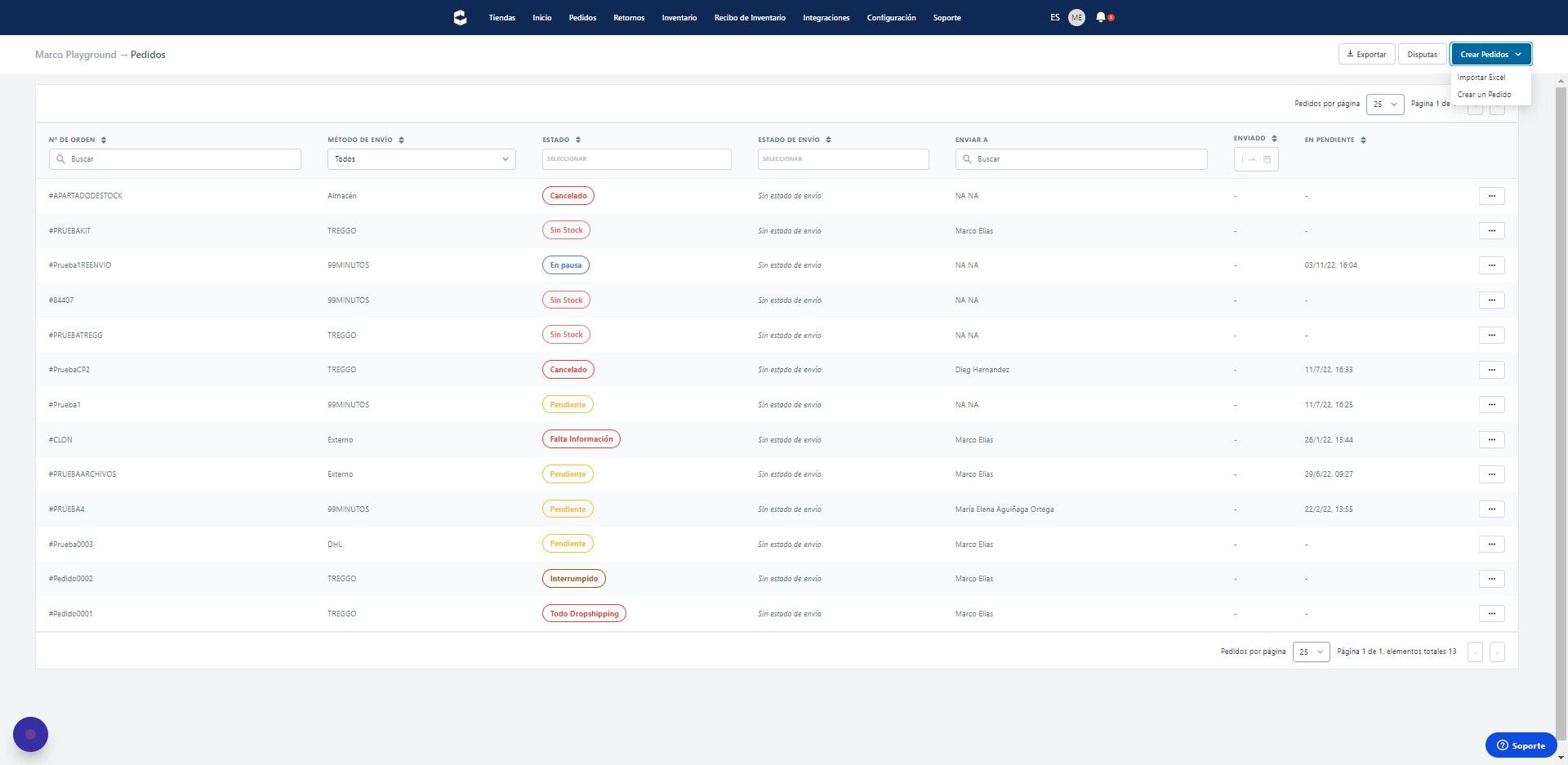 Screenshot of: Da Click en "Crear Pedidos"