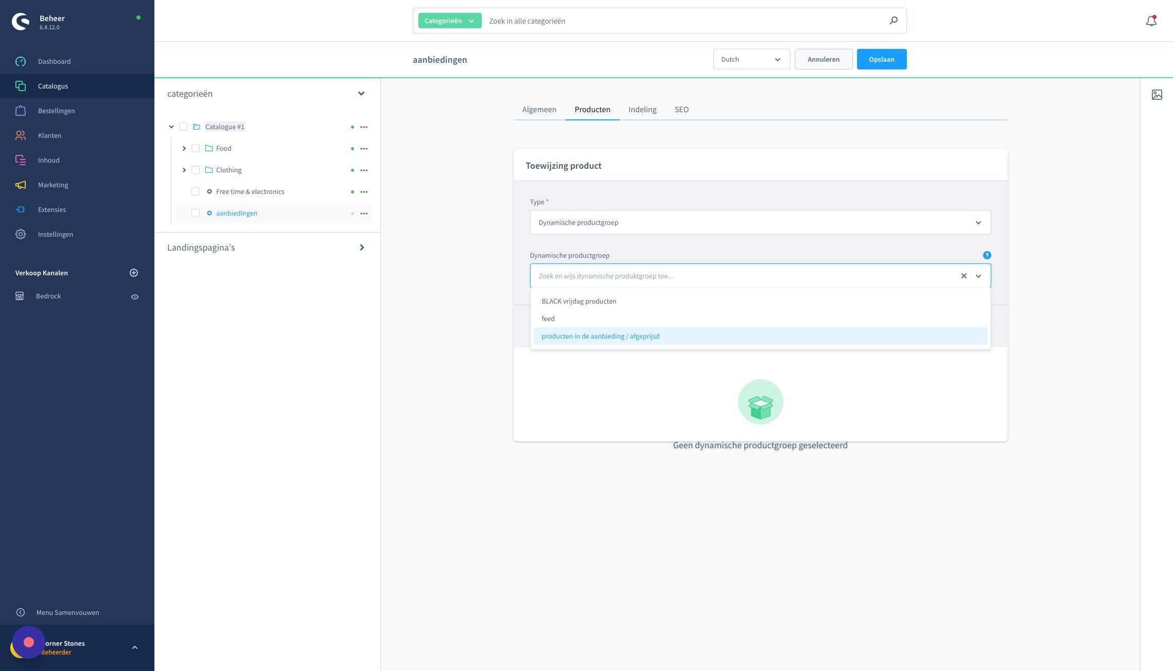 Screenshot of: Klik nu de net aangemaakte groep: "producten in de aanbieding / afgeprijsd"