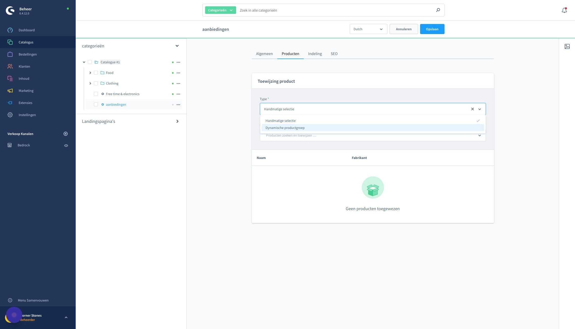 Screenshot of: Selecteer bij 'type' : Dynamische productgroep