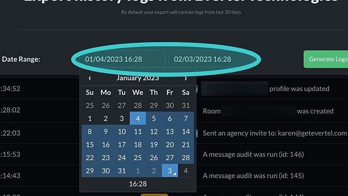 Screenshot of: The date range defaults to 30 days. But can be modified or extended. Simply select your dates and times.