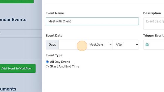 Screenshot of: Enter the number of days the event should be. When calculating your calendar event, you can choose to go off of Weekdays or Calendar Days. Weekdays will only count days Monday through Friday (work week). Calendar days will count all seven days of the week.