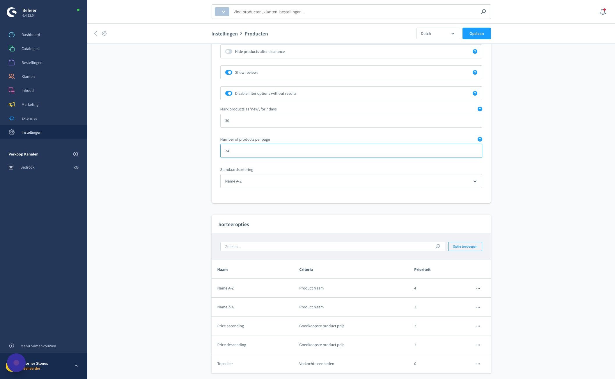 Screenshot of: Klik het veld "Number of products per page".