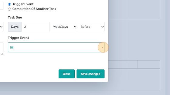 Screenshot of: You can choose which date you'd like to base the trigger off of from the drop down list. These dates will be labeled with whatever names you specified when creating the workflow.