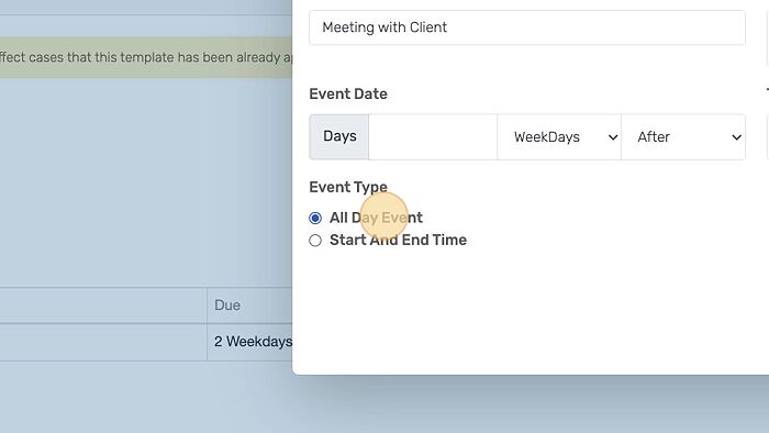 Screenshot of: Select whether the event should be scheduled as an All Day event or an event that has a start and end time. If you choose Start and End Time, you will be able to setup the start time and duration in the next steps.