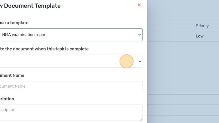 Screenshot of: Select the task (already created above) that you would like your new document to be automatically created based on its completion.