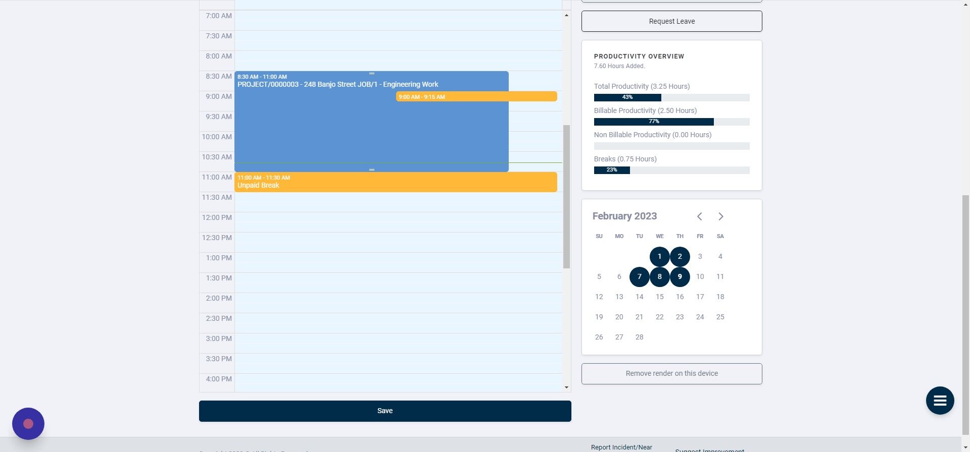 Screenshot of: To change when a productivity block started, click and drag.
