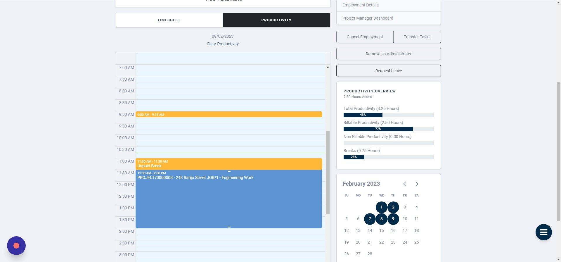 Screenshot of: To edit the start and end time of productivity, you can click and drag the handlers at the top and bottom of the block.