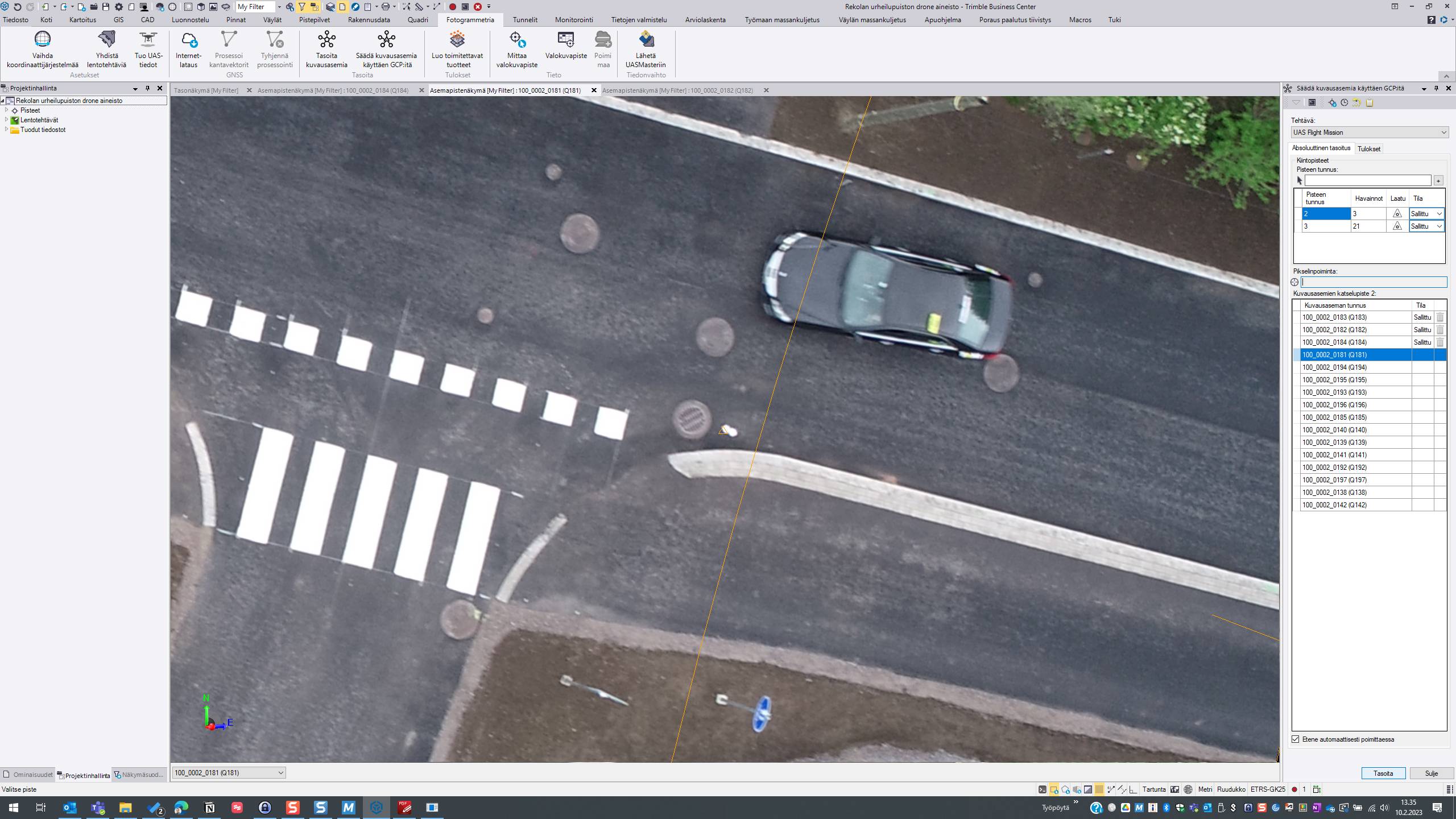 Screenshot of: Kun olet osoittanut kaikille halutuille kuville GCP-pisteen, paina "Tasoita"