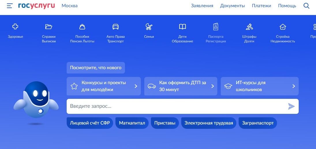 Screenshot of: Выберите "Паспорта / Регистрация" и перейдите по ссылке. 