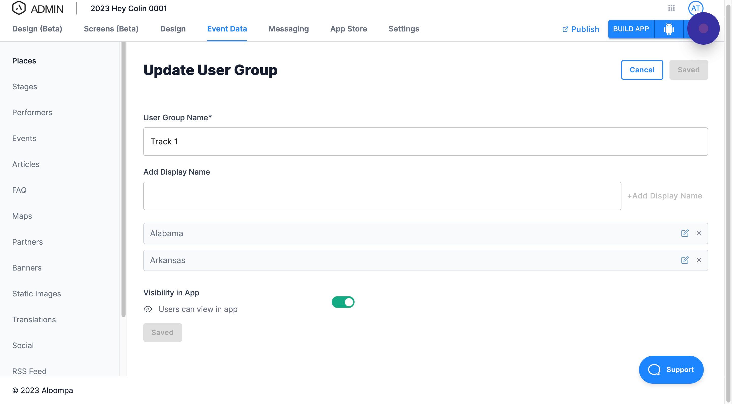 Screenshot of: Click into any screen with data you want to apply your User Groups to. Here, we selected "Places"