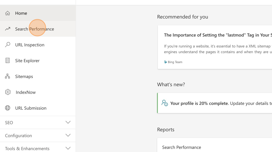 Screenshot of: Click on Search Performance.