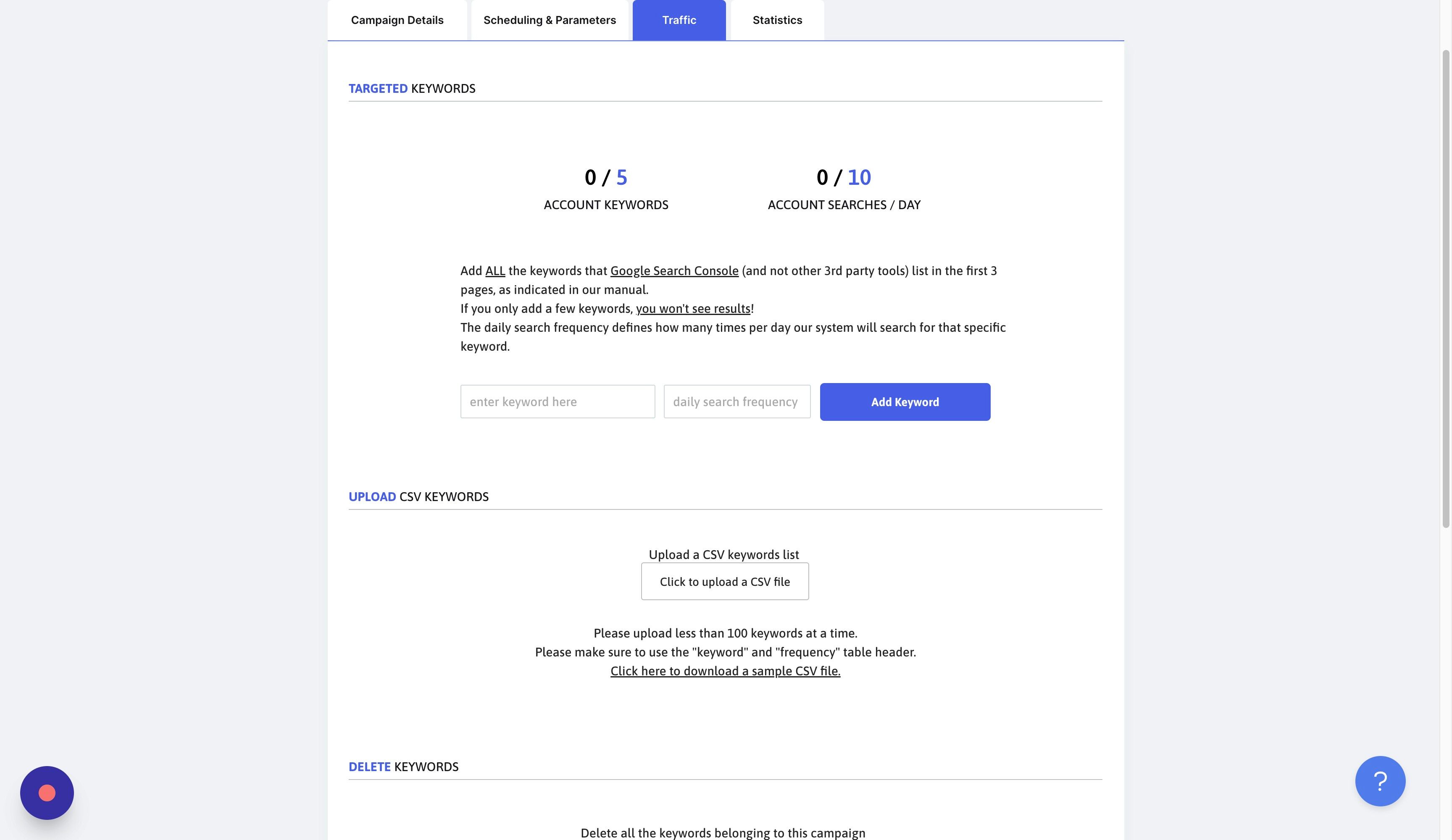 Screenshot of: Paste all the keywords and divide the search frequency to reflect a month-over-month increase of up to 30%. Your target is to get most of the clicks for that specific search, in Google's eyes.
For example, if the statistics were over a 6-month period, as they are by default, you need to divide that number by 6x30x3=540. If it's less than 1, you can set it to 1.