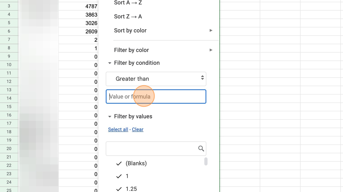 Screenshot of: Click the "Value or formula" field.