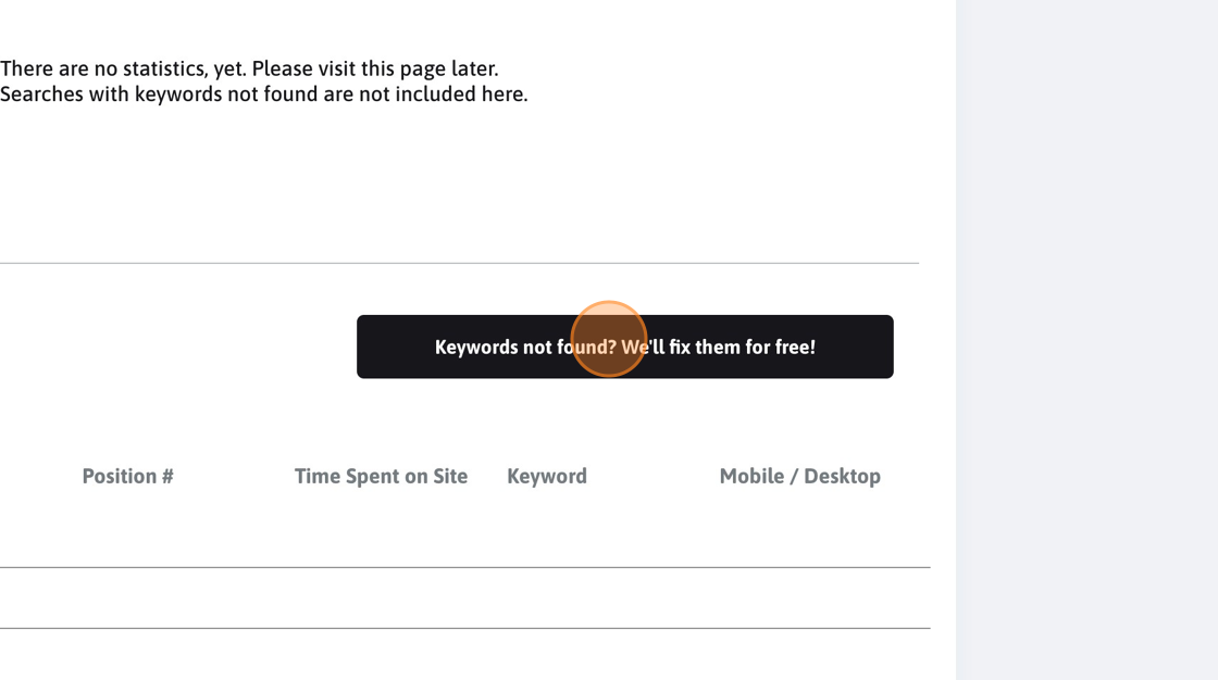 Screenshot of: Click "Keywords not found? We'll fix them for free!"