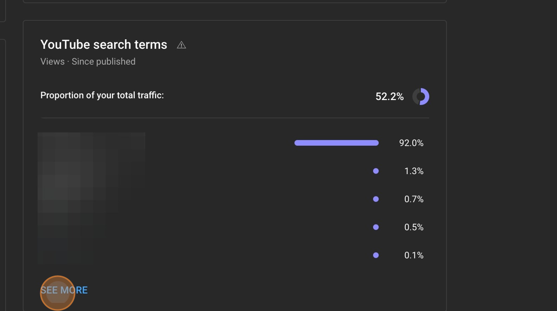 Screenshot of: Click "See More" under "Youtube Search Terms"