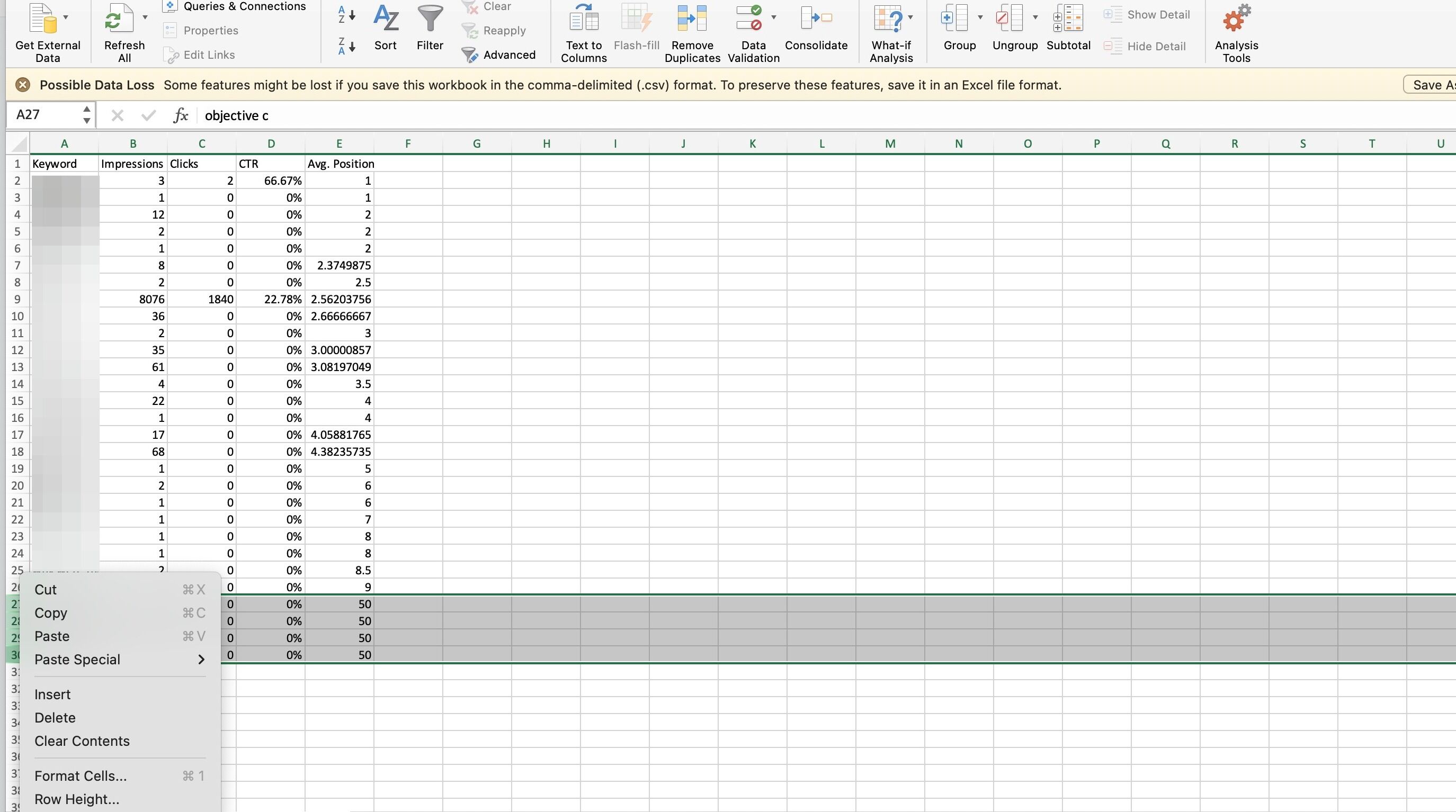 Screenshot of: Select the rows where you rank on position 25+