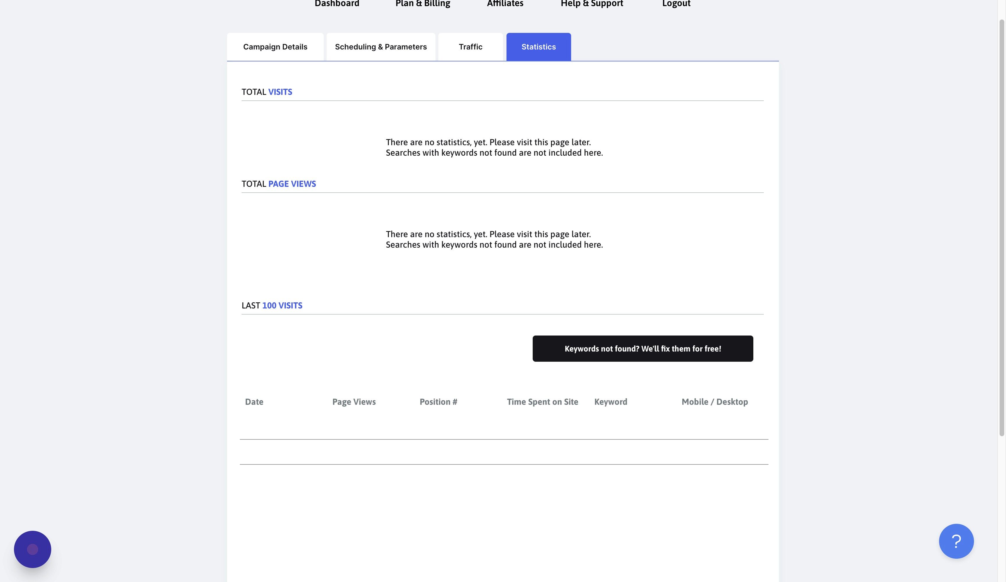 Screenshot of: Click "Keywords not found? We'll fix them for free!"