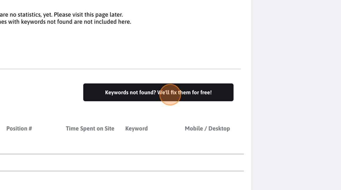 Screenshot of: Click "Keywords not found? We'll fix them for free!"