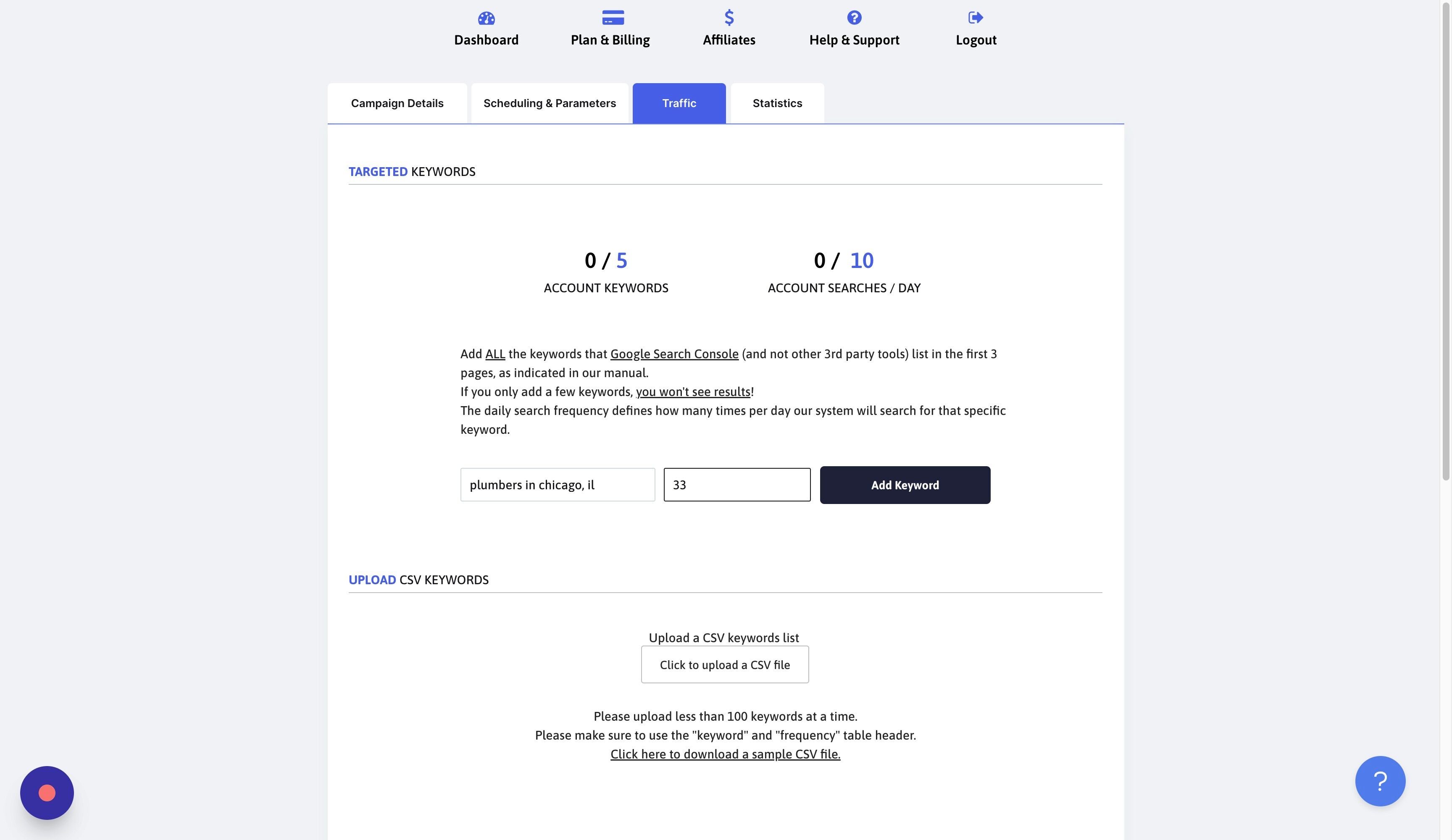 Screenshot of: Click "Add Keyword"