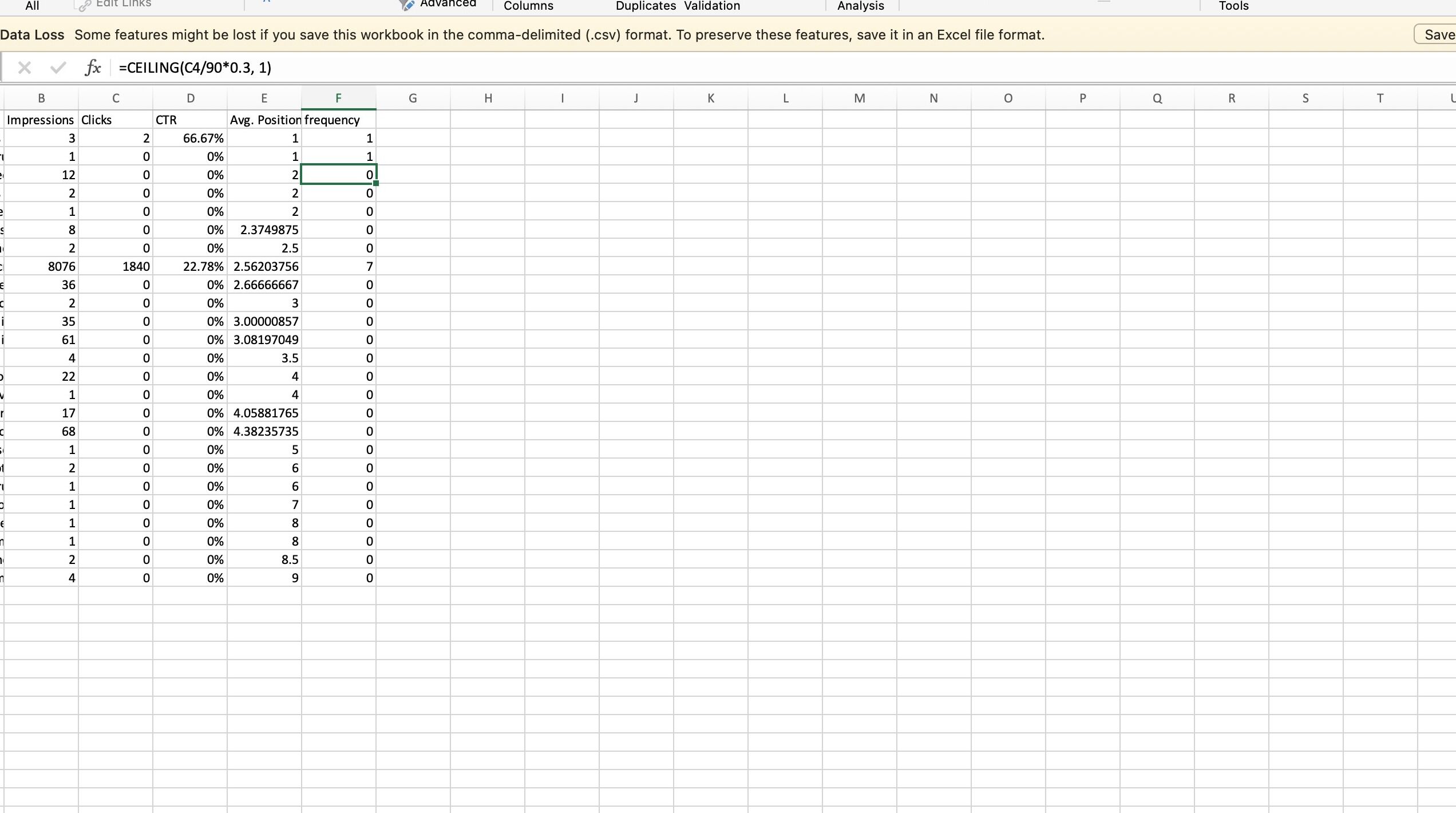 Screenshot of: Manually set to "1" all the cells that are "0" in the frequency column. It might help to initially sort this column.