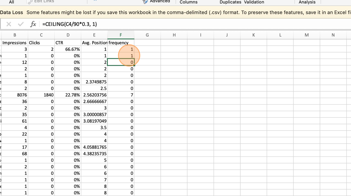 Screenshot of: Manually set to "1" all the cells that are "0" in the frequency column. It might help to initially sort this column.