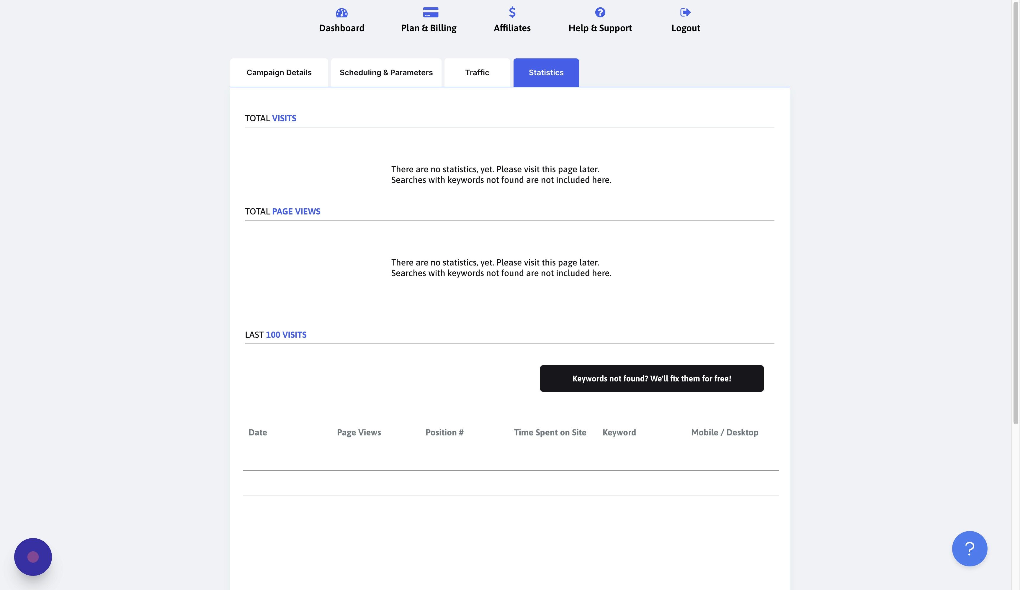 Screenshot of: Click "Keywords not found? We'll fix them for free!"