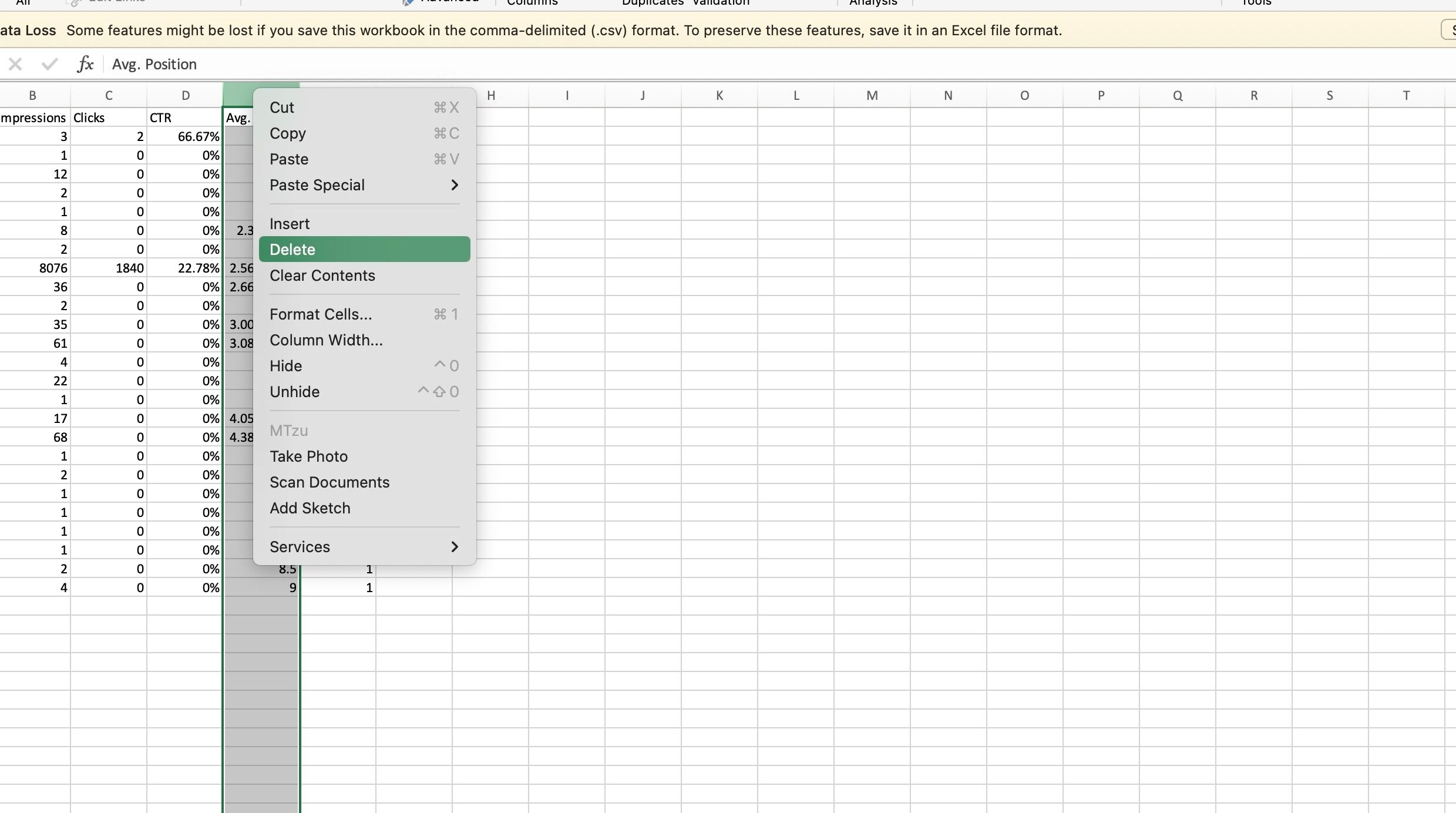 Screenshot of: Delete the "Avg. Position" column "E"