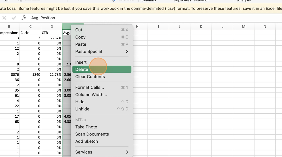 Screenshot of: Delete the "Avg. Position" column "E"