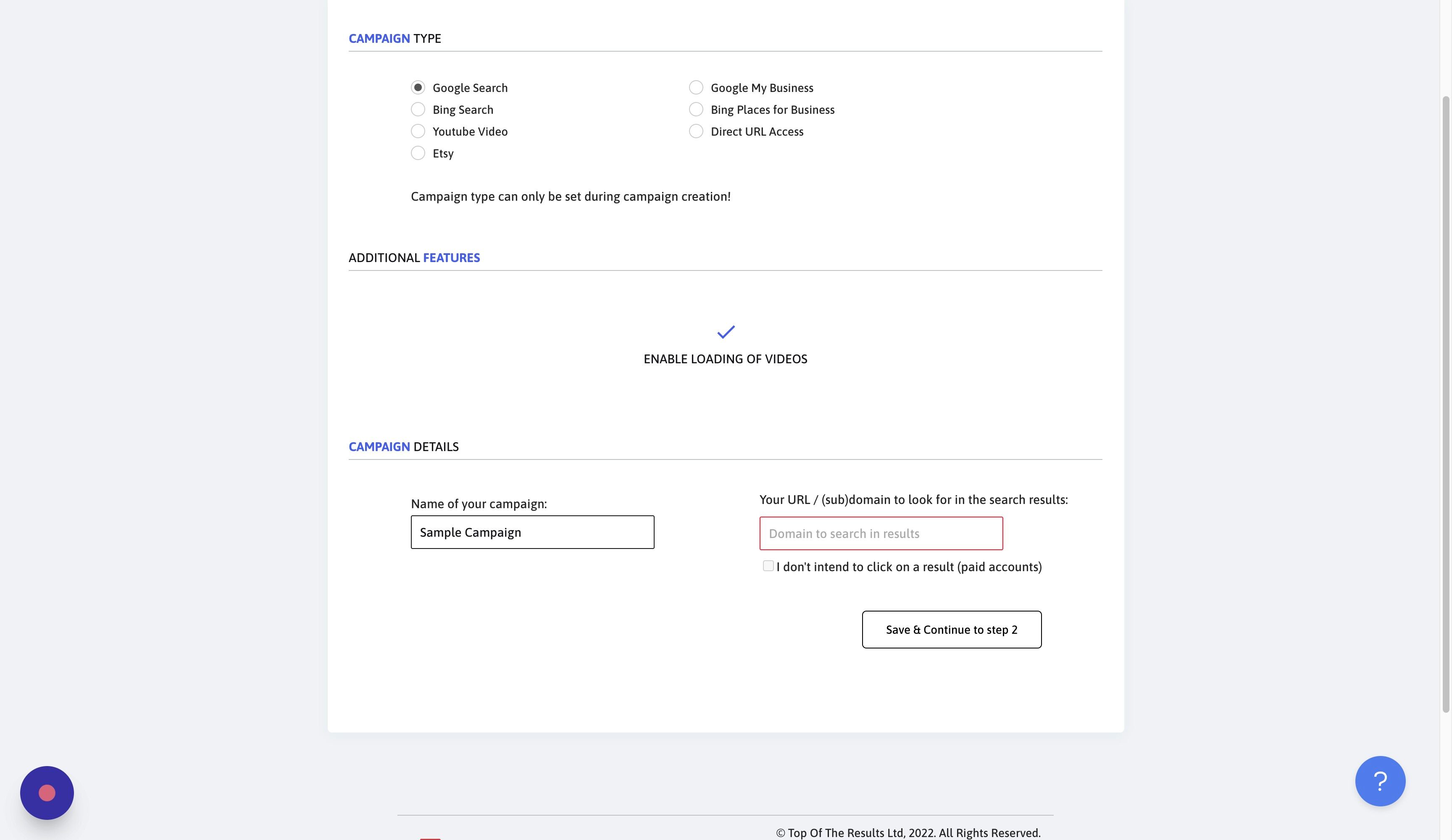 Screenshot of: Click the "Domain to search in results" field. Here you need to insert either the domain (subdomain) name our system will click on when found in the SERP or the exact URL you want to look for. Our system will first try to click on the exact URL (if provided) and if not found, it will look for the domain of the URL you provide.