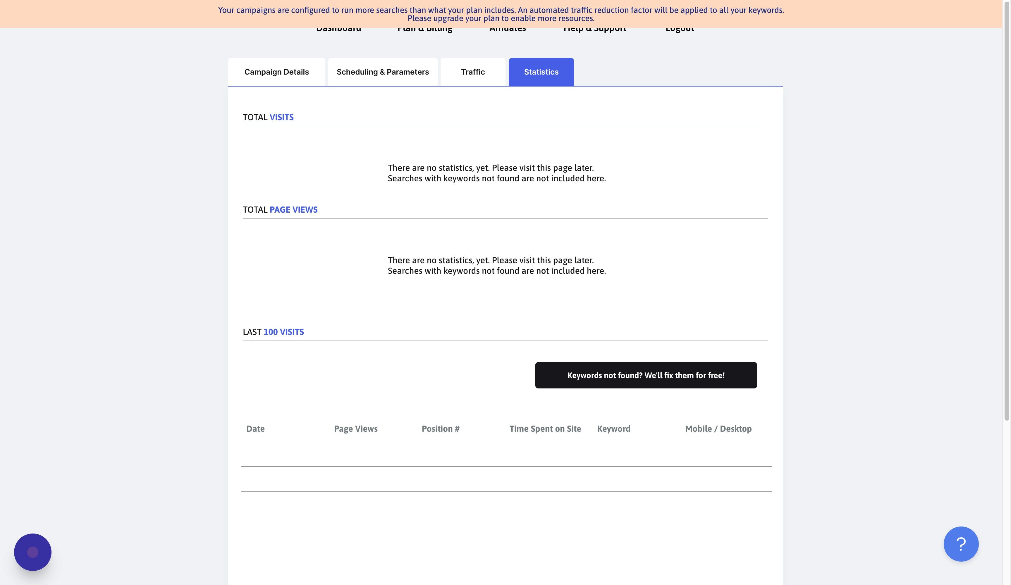 Screenshot of: Click "Keywords not found? We'll fix them for free!"
