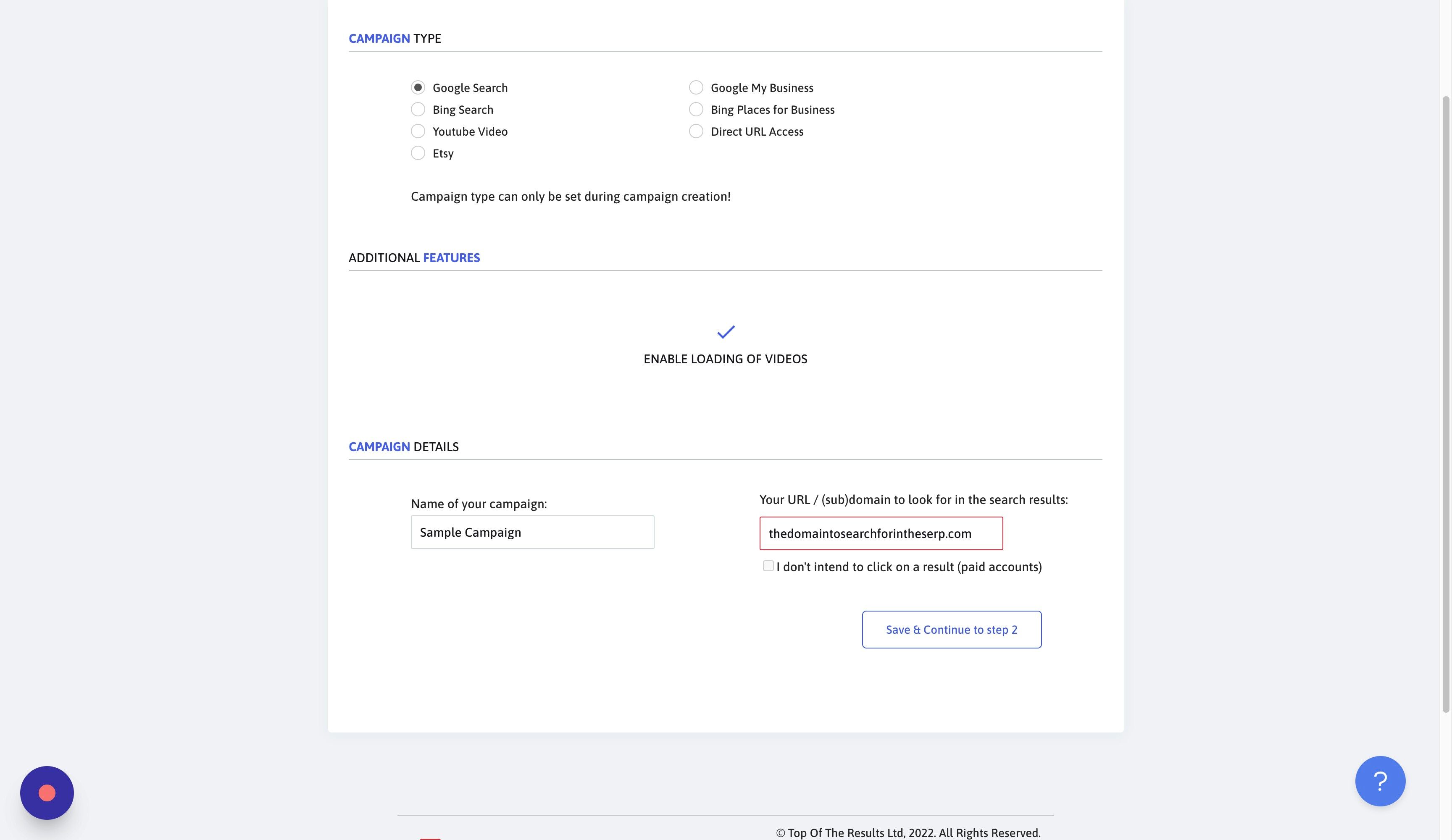 Screenshot of: Click "Save & Continue to step 2"