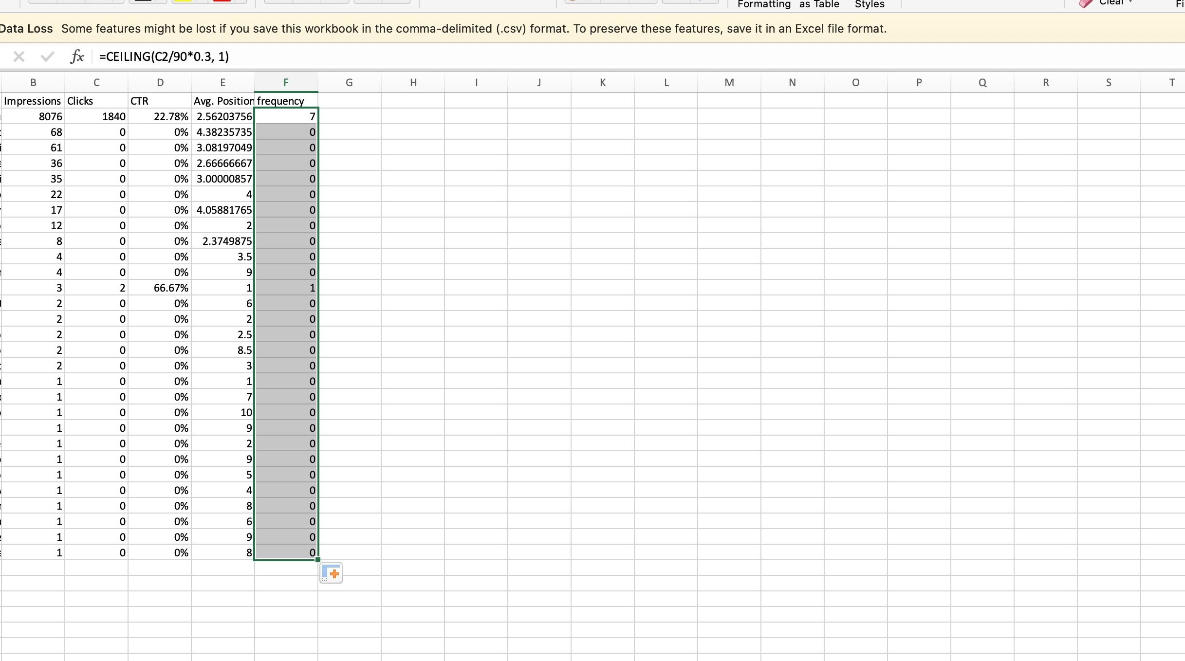 Screenshot of: Apply the same formula on the entire column