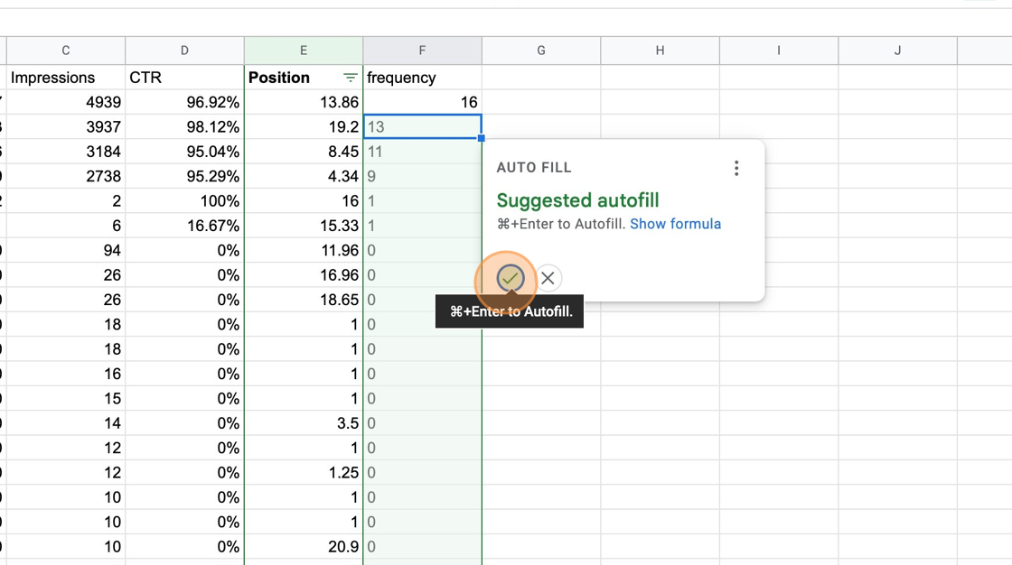 Screenshot of: Apply the same formula in the entire column.