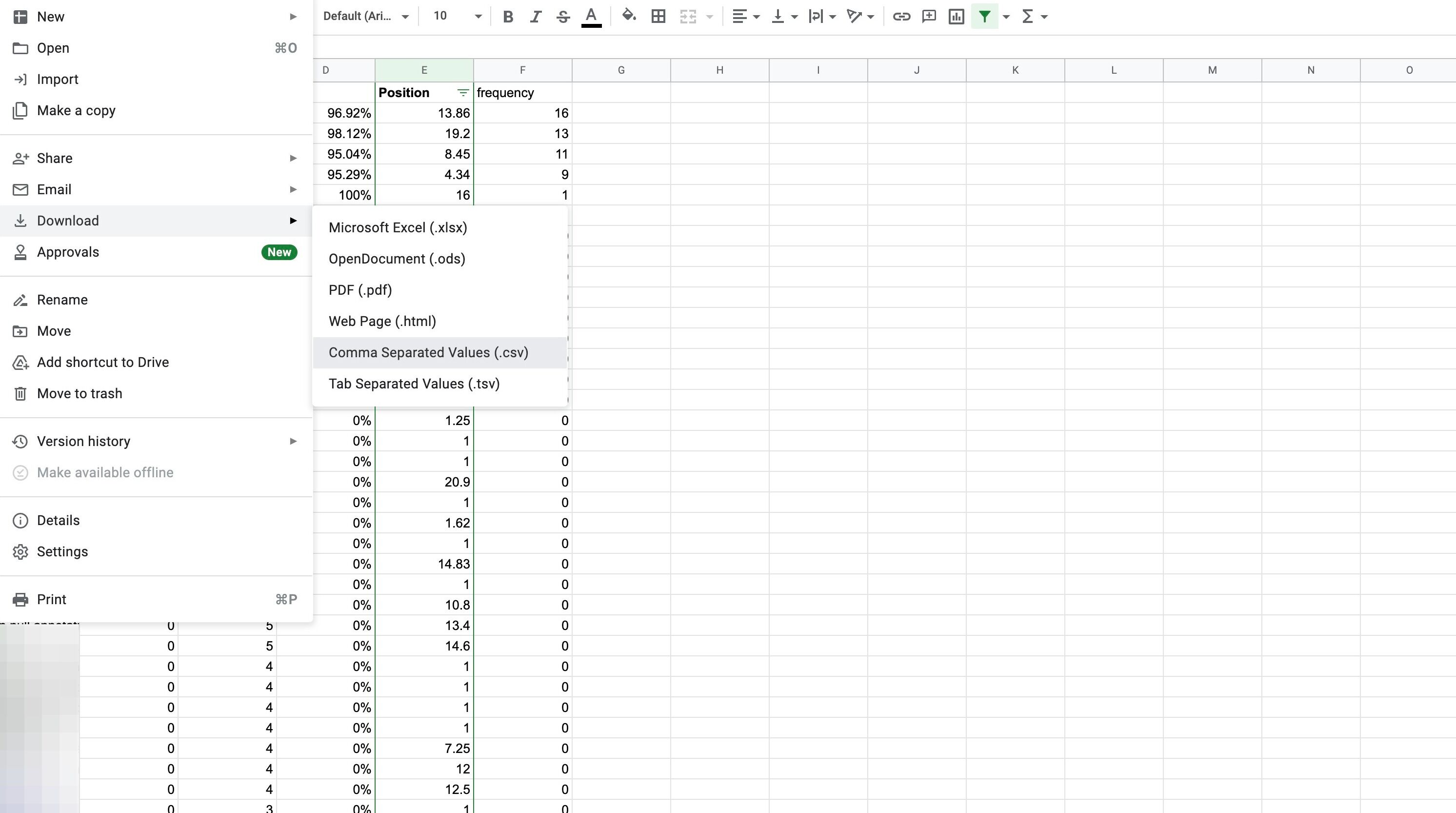 Screenshot of: Select Download > "Comma Separated Values (.csv)"