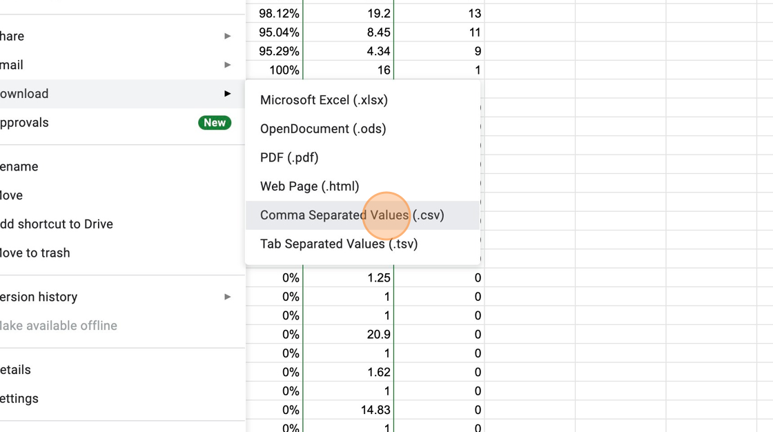 Screenshot of: Select Download > "Comma Separated Values (.csv)"