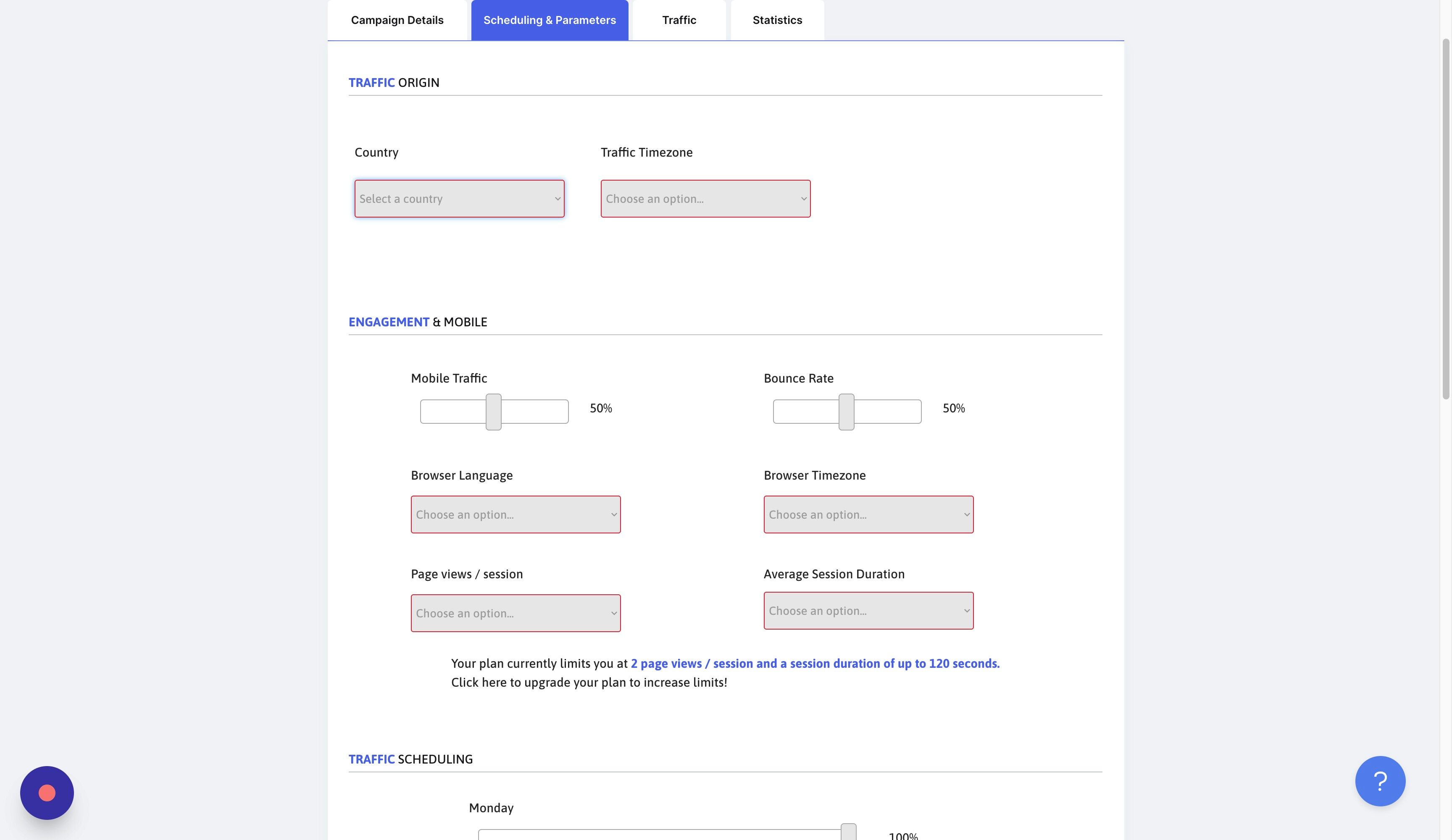 Screenshot of: Select the country where you want the traffic to come from.