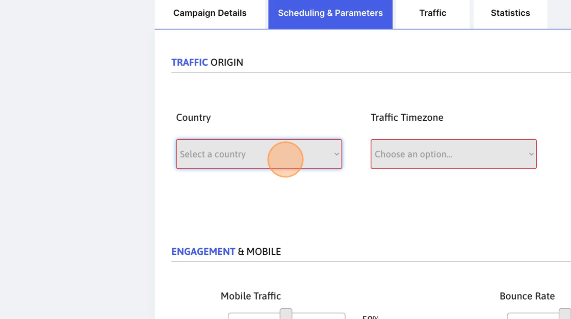 Screenshot of: Select the country where you want the traffic to come from.