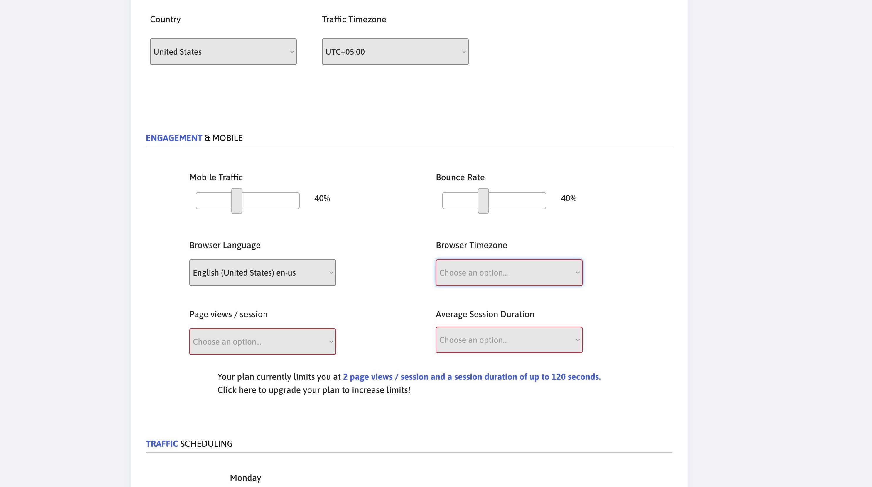 Screenshot of: Chose a browser timezone popular in your traffic-originating country.