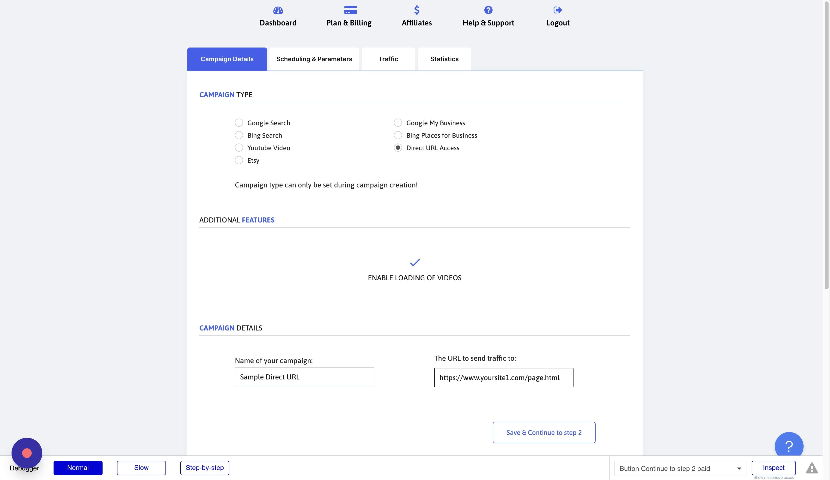 Screenshot of: Click "Save & Continue to step 2"