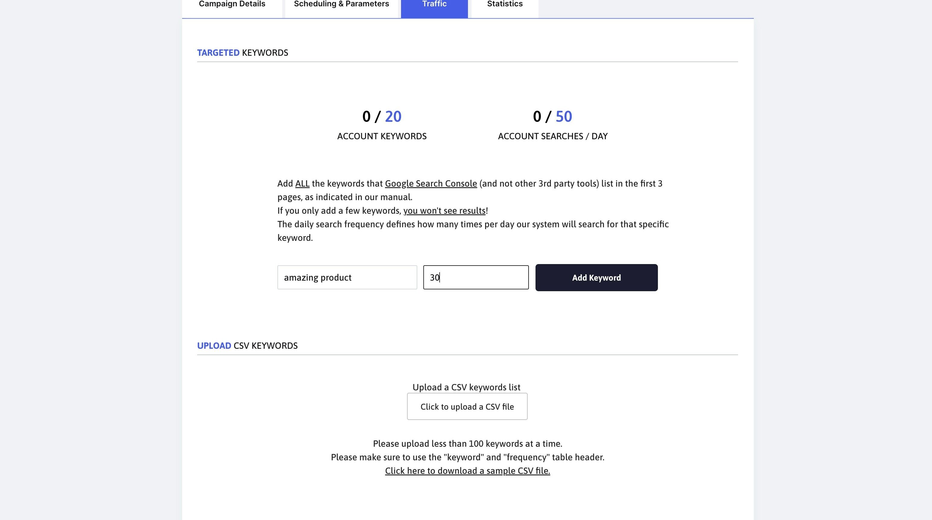 Screenshot of: Click "Add Keyword"