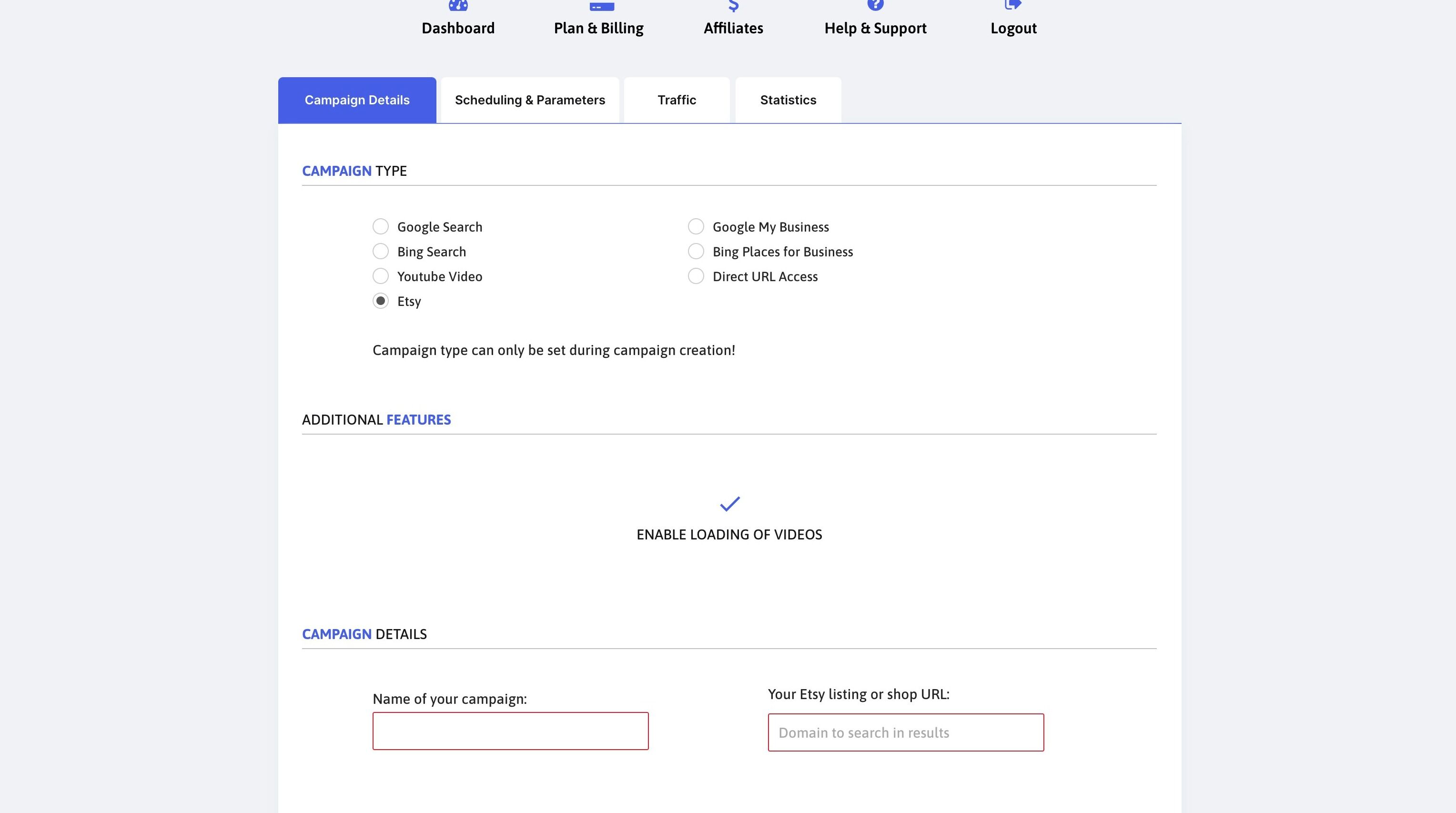 Screenshot of: Click this input field and provide an easy-to-recognise campaign name.
